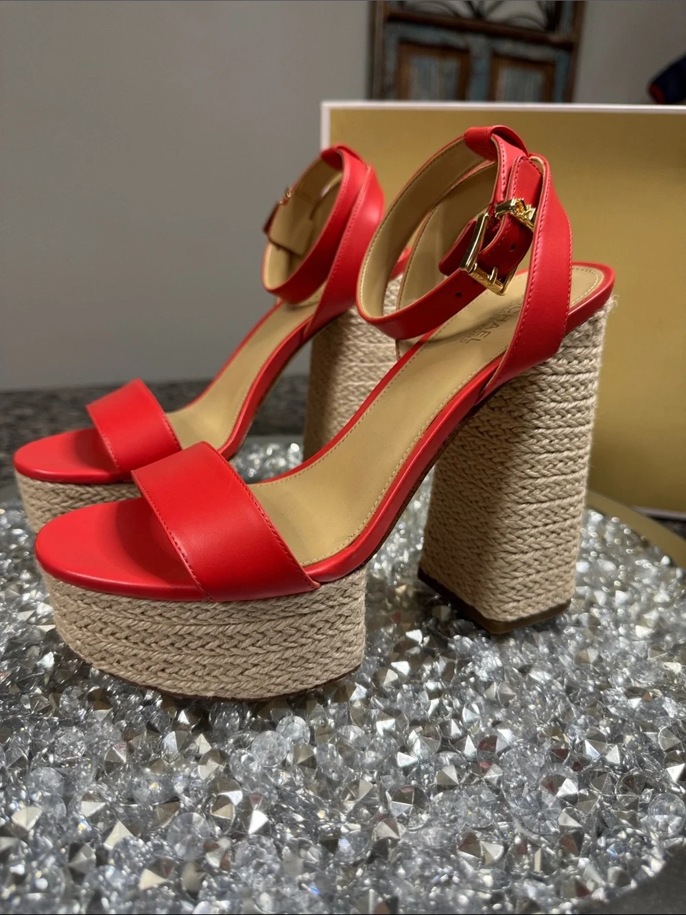 Michael Kors leather coral Red Platform Espadrille Heels with Gold Buckle logo